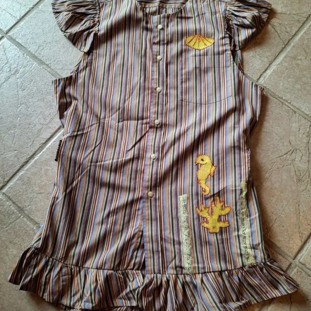 Striped swim coverup M upcycled mens shirt seahorse coral appliques